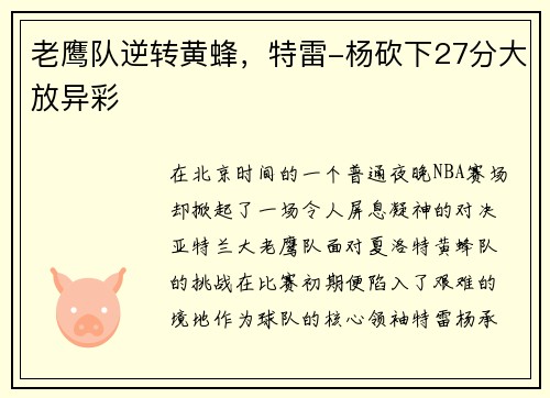 老鹰队逆转黄蜂，特雷-杨砍下27分大放异彩