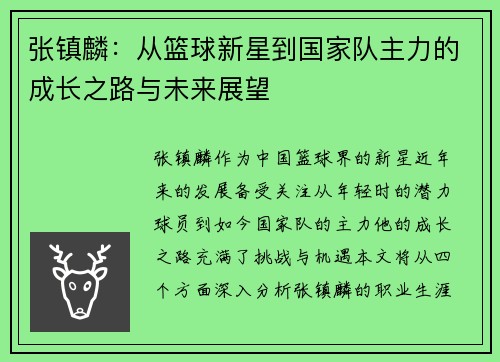 张镇麟：从篮球新星到国家队主力的成长之路与未来展望